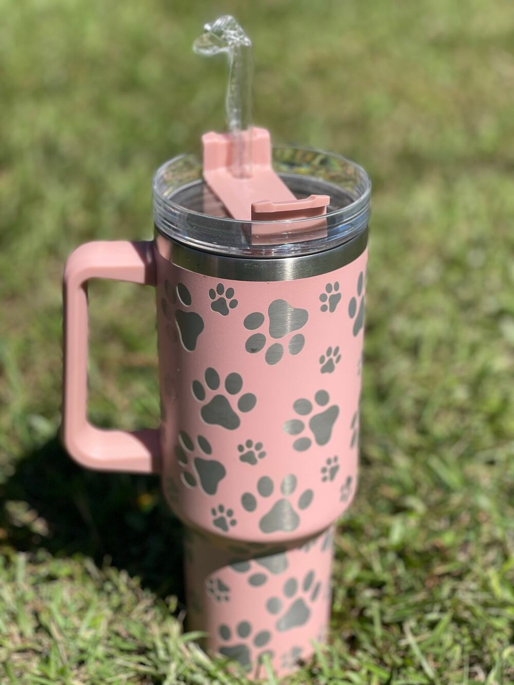 40oz Paw Print Stainless Steel Tumbler w/ handle and straw Pastel Pink
